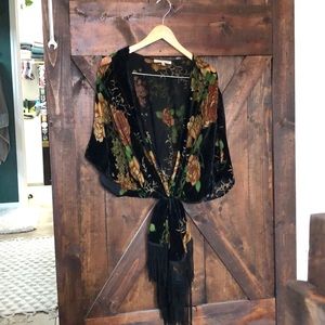 Black Velvet fringed Rust and Gold floral kimono